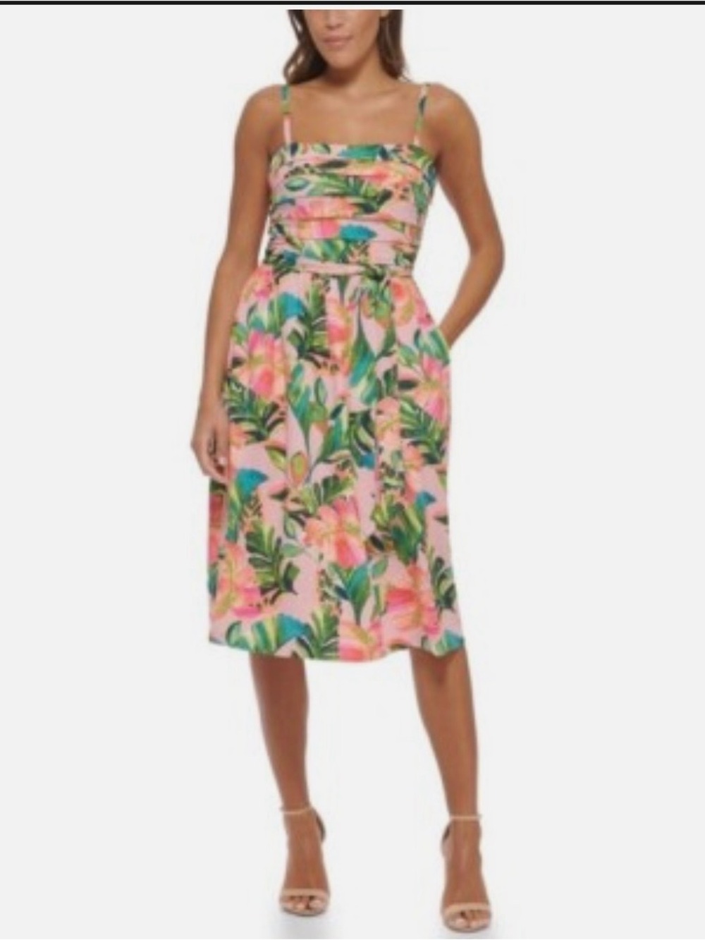 Kensie Pink Tropical Midi Dress with Green & Coral Print